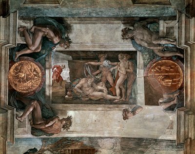 Die Trunkenheit Noahs, Detail von der Decke der Sixtinischen Kapelle, 1508-12 von Michelangelo Buonarroti